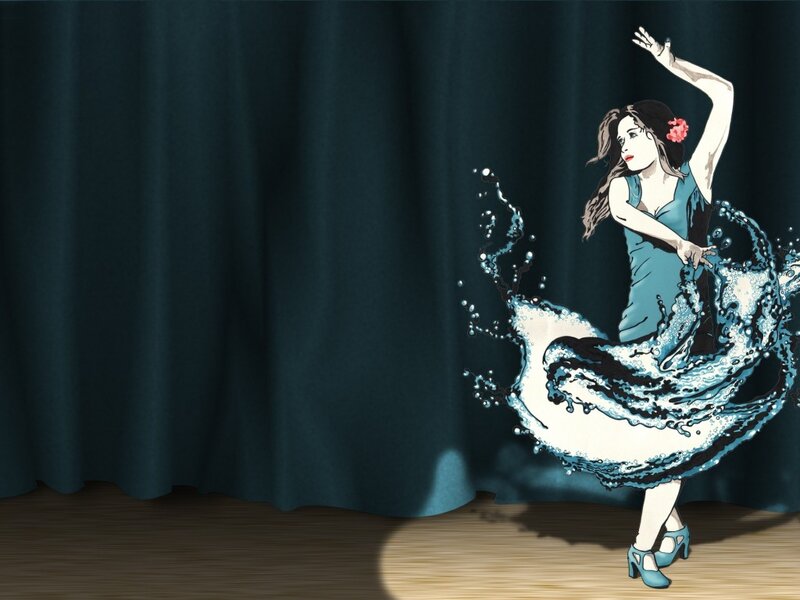 Woman Dancing in Water — Blue, Dramatic, Illustration