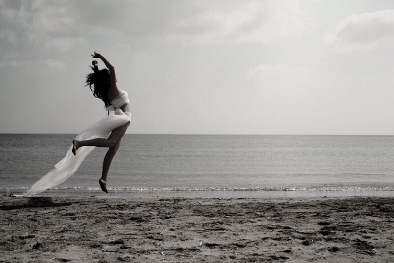 Woman Dancing on Beach — Black, Dramatic