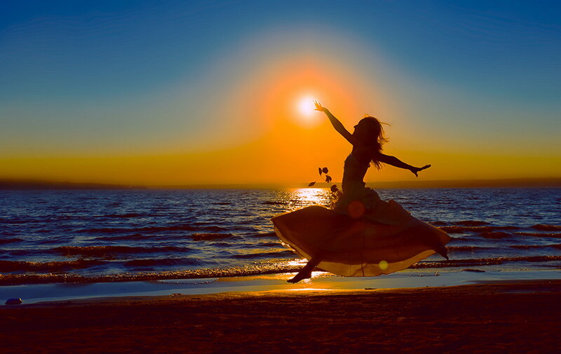 Woman Dancing on Beach — Blue, Dramatic, Sunset