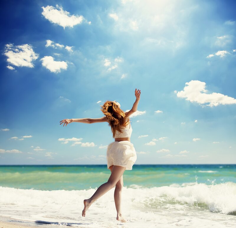 Woman Dancing on Beach — Blue, Joyful