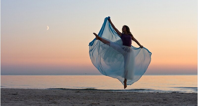 Woman Dancing on Beach — Blue, Serene, Sunset