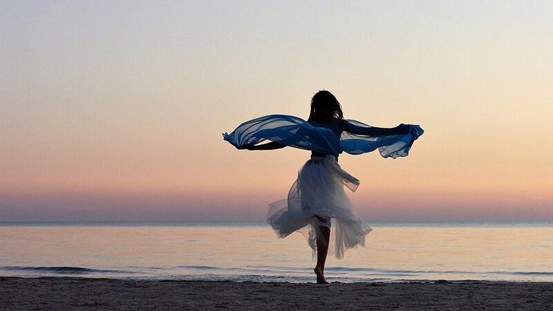 Woman Dancing on Beach — Blue, Serene
