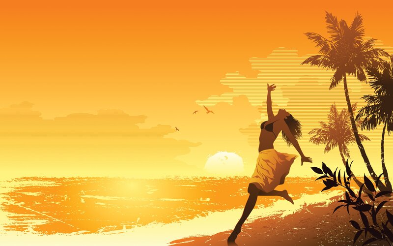 Woman Dancing on Beach — Orange, Serene, Sunset, Illustration