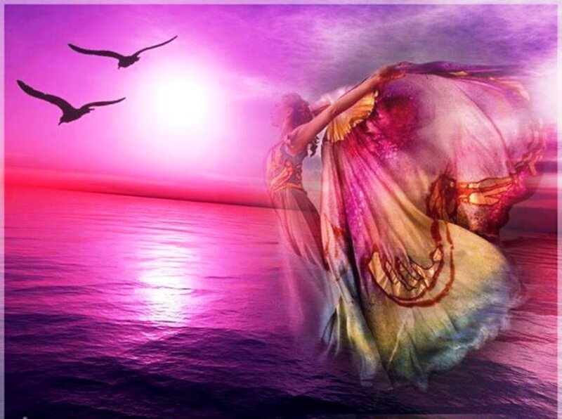Woman Dancing on Beach — Purple, Dramatic