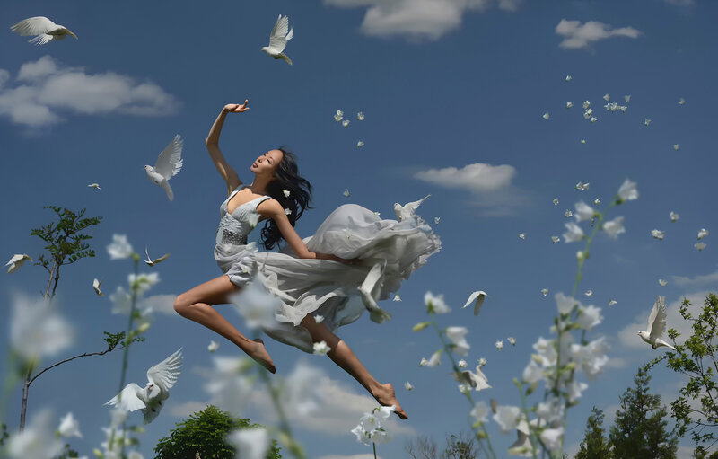 Woman Dancing with Birds — Blue, Serene