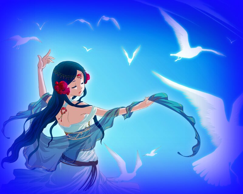 Woman Dancing with Birds — Blue