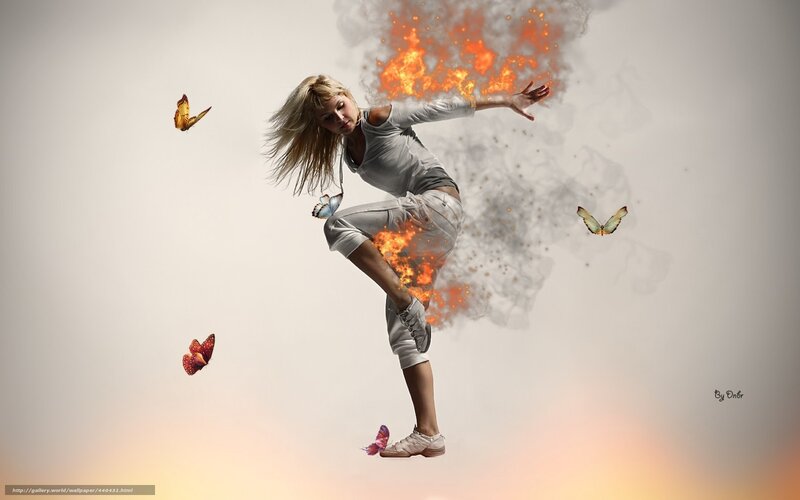 woman dancing with fire and butterflies
