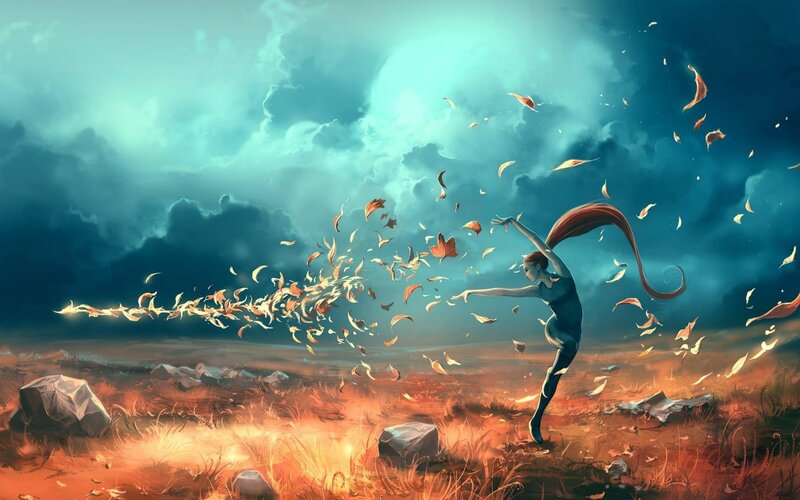 Woman Dancing with Leaves — Blue, Dramatic, Autumn