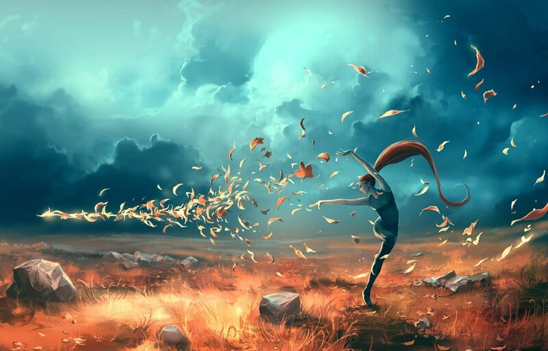 Woman Dancing with Leaves — Blue, Dramatic