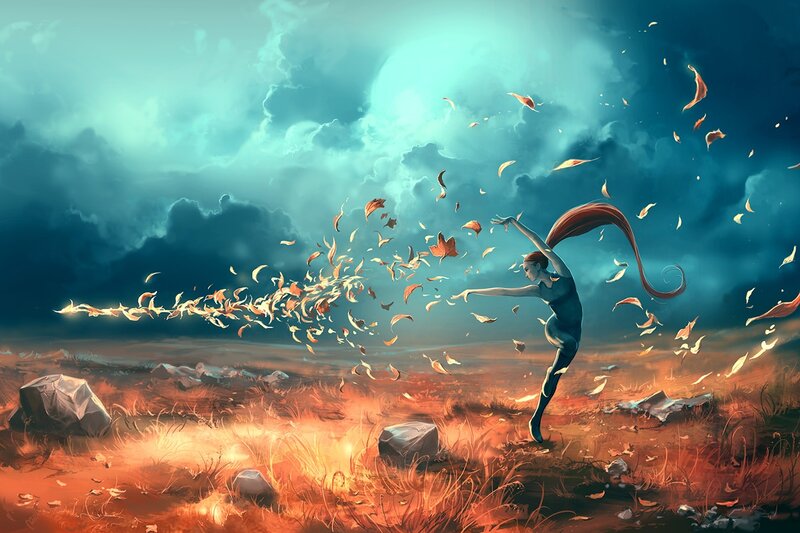 Woman Dancing with Leaves — Blue