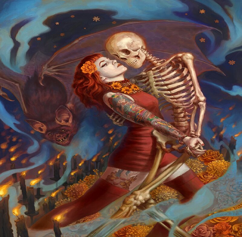 Woman Dancing with Skeleton — Blue