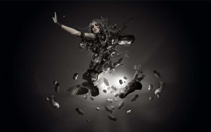 woman disintegrating into debris