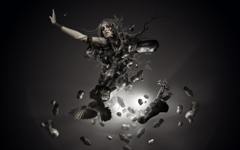 Woman Disintegrating into Debris — Black, Dramatic, Digital Art, Birds