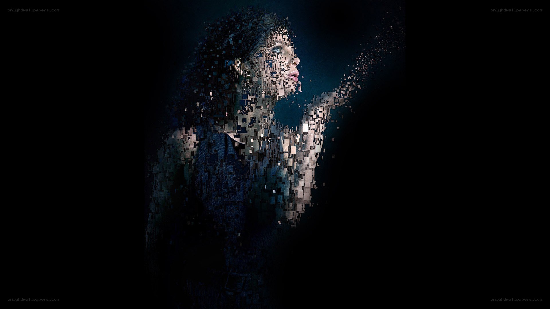 woman dissolving into pixels