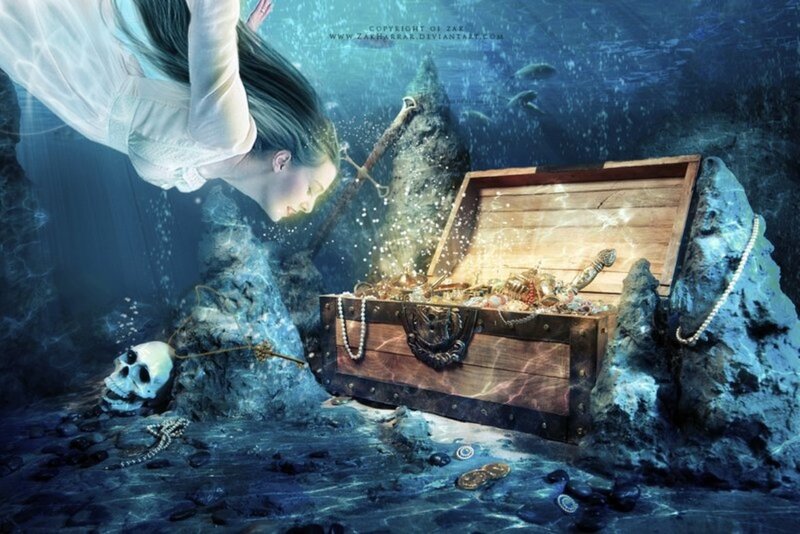 Woman Diving Underwater — Blue, Dramatic, Digital Art