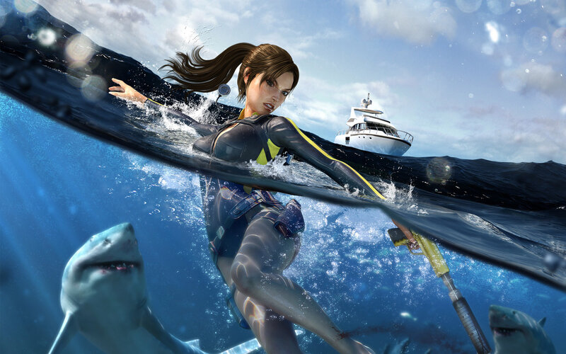 Woman Diving with Sharks — Blue