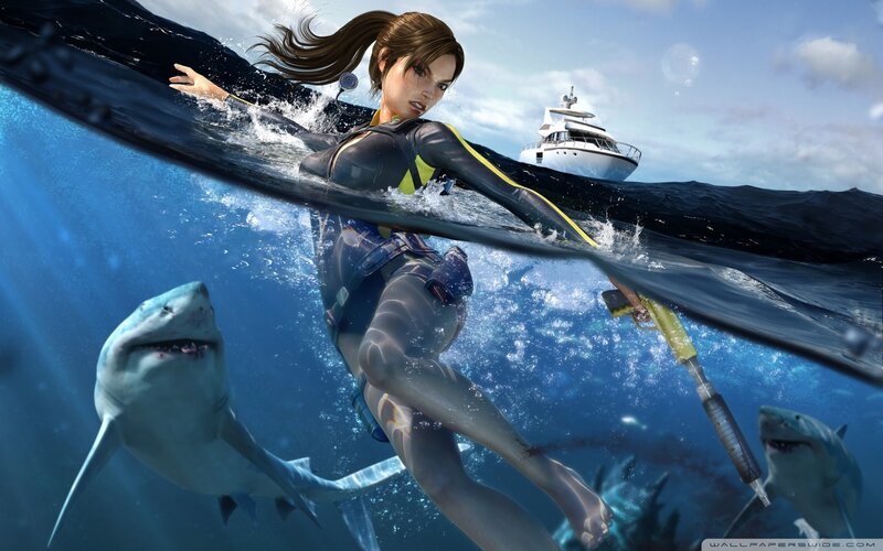 Woman Diving with Sharks