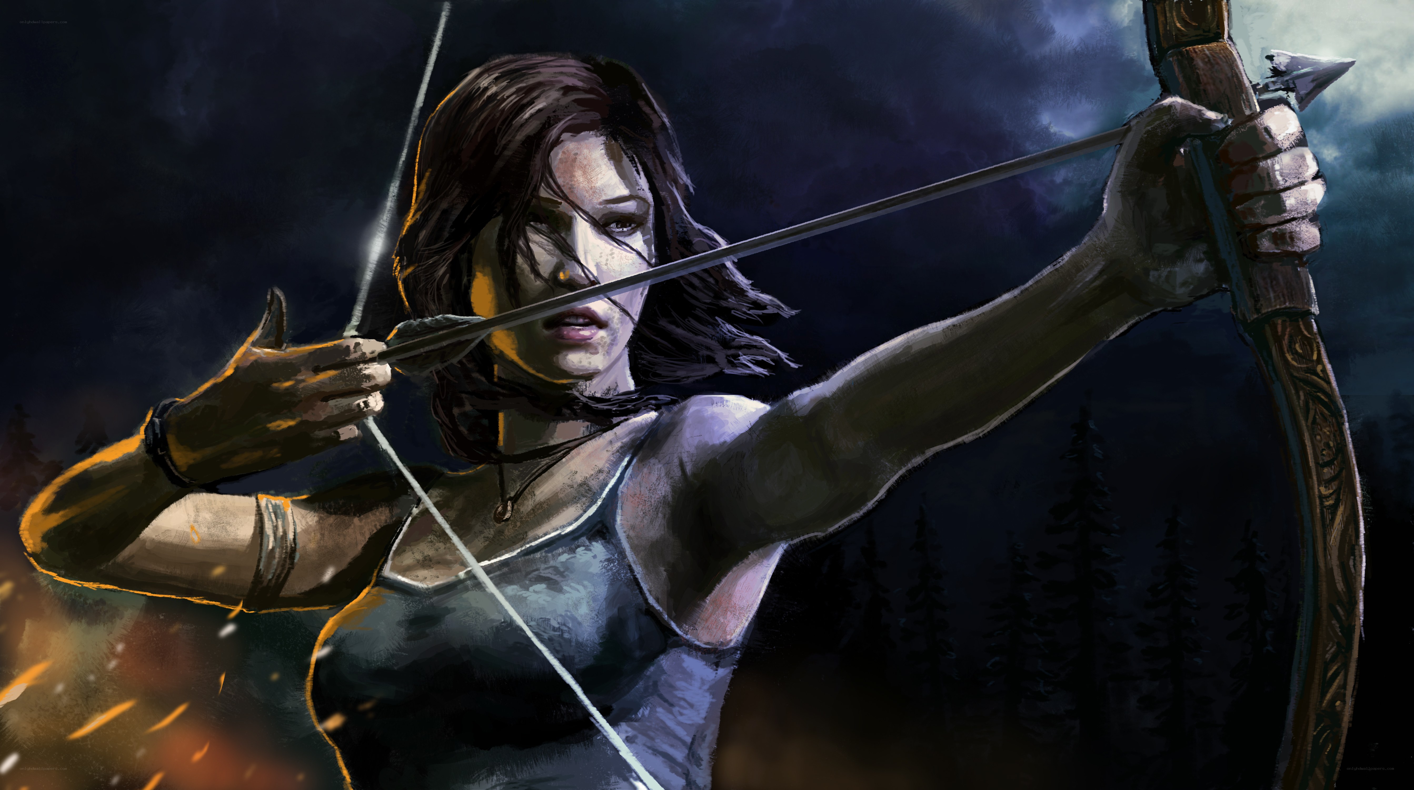 woman drawing bow at night