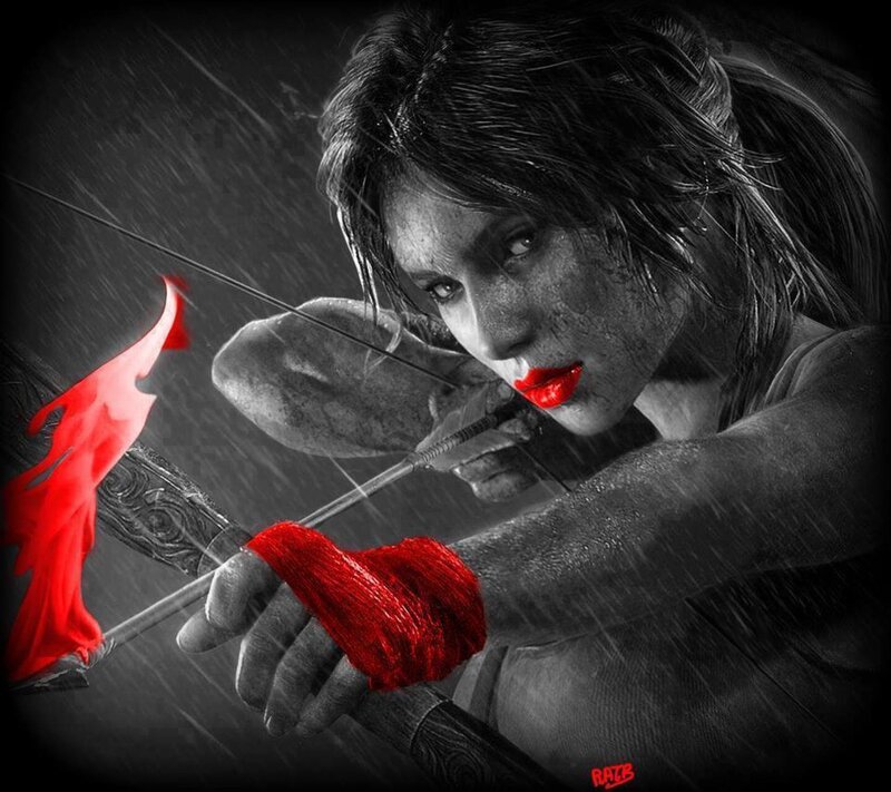 Woman Drawing Bow — Black, Dramatic, Digital Art