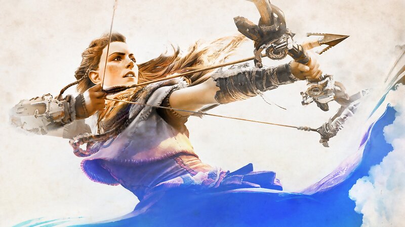 Woman Drawing Bow — Blue, Dramatic, Digital Art