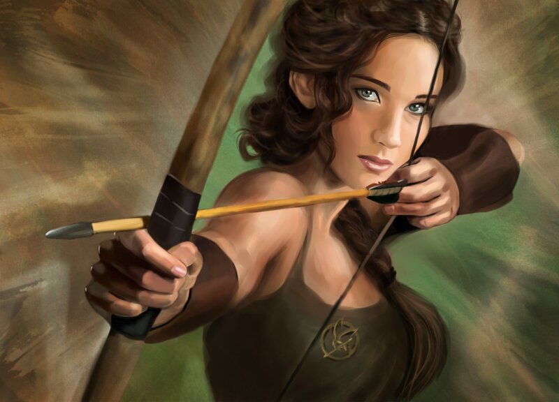 Woman Drawing Bow — Brown, Focused, Digital Art