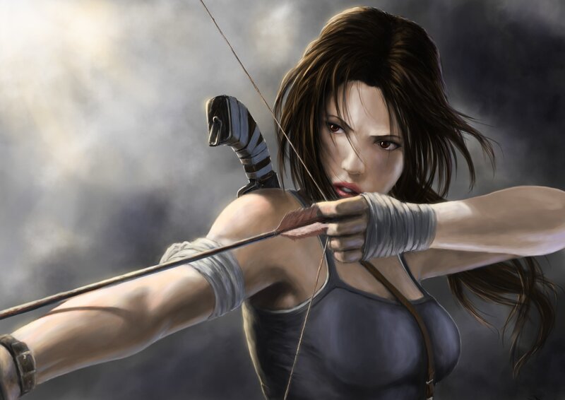 Woman Drawing Bow — Gray, Dramatic, Digital Art, Arrow, Hair
