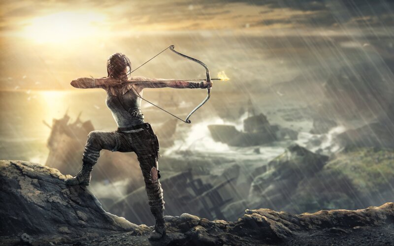 Woman Drawing Bow — Gray, Dramatic, Sunset