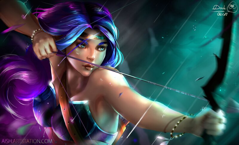 Woman Drawing Bow — Purple, Dramatic, Digital Art