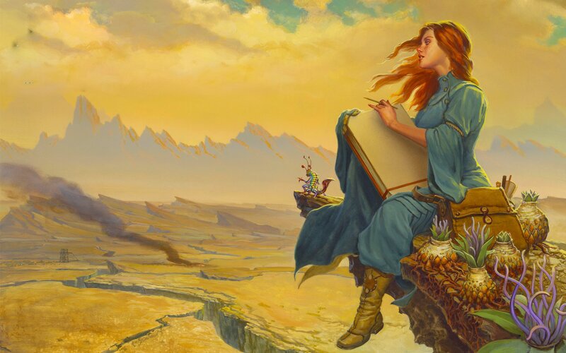 Woman Drawing on Cliff — Yellow