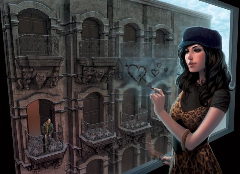 woman drawing on window