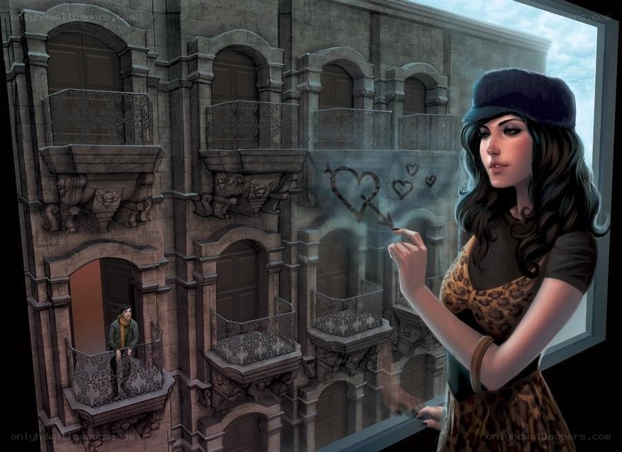 woman drawing on window