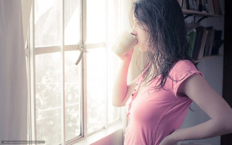 Woman Drinking by Window — Pink