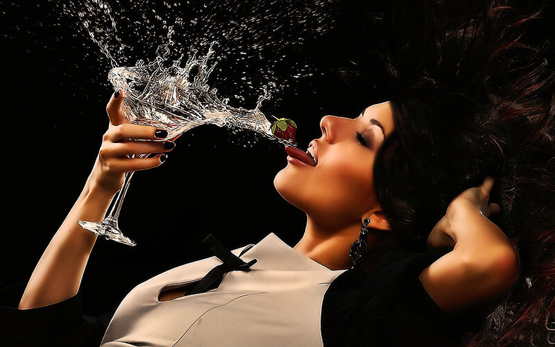 Woman Drinking Cocktail — Black, Dramatic