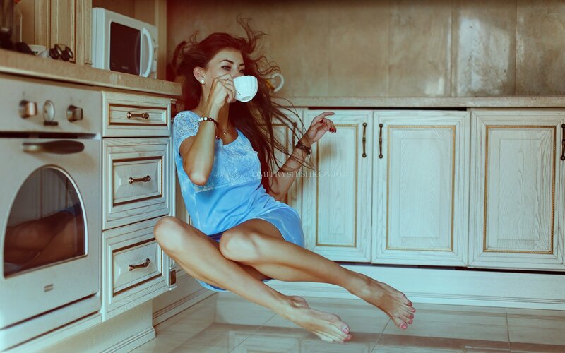 Woman Drinking Coffee — Blue, Calm