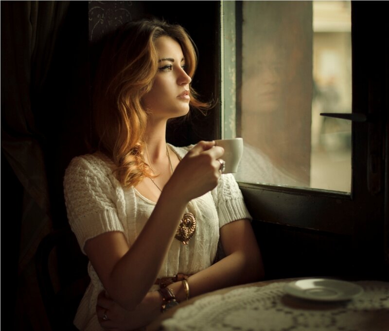 Woman Drinking Coffee — White, Contemplative