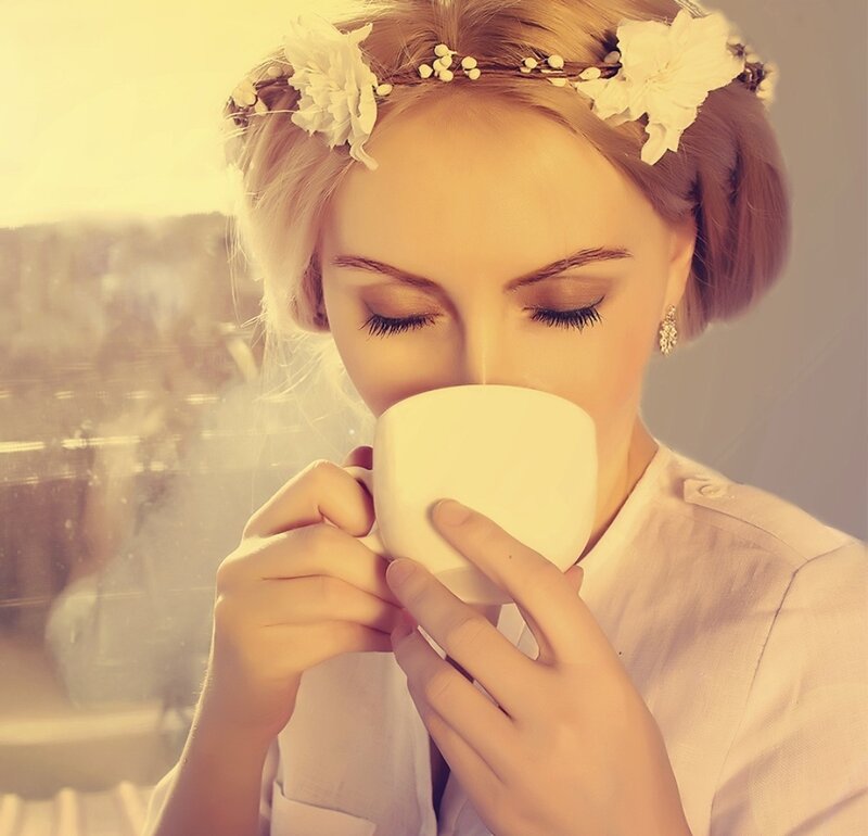 Woman Drinking from Cup — White, Serene