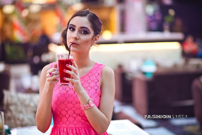 Woman Drinking Juice — Pink