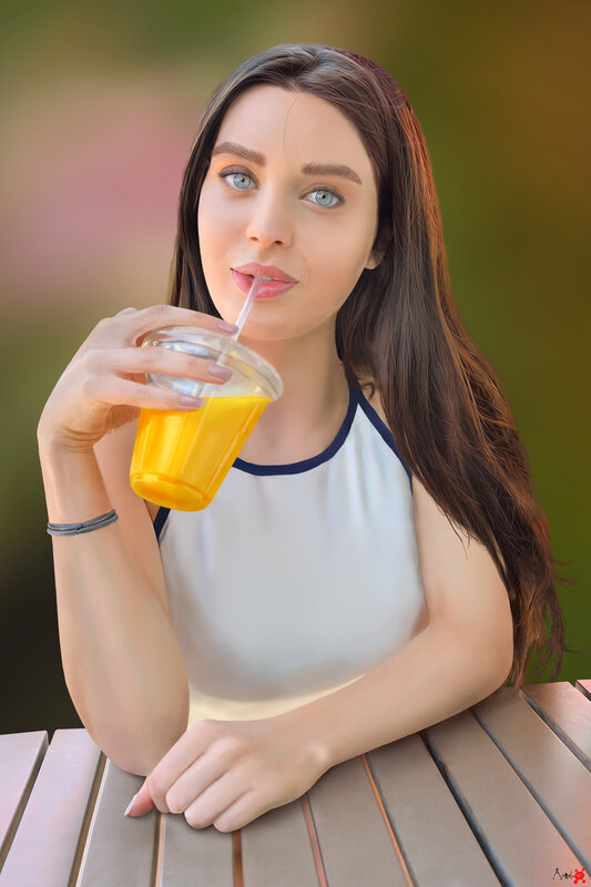 Woman Drinking Juice — Yellow