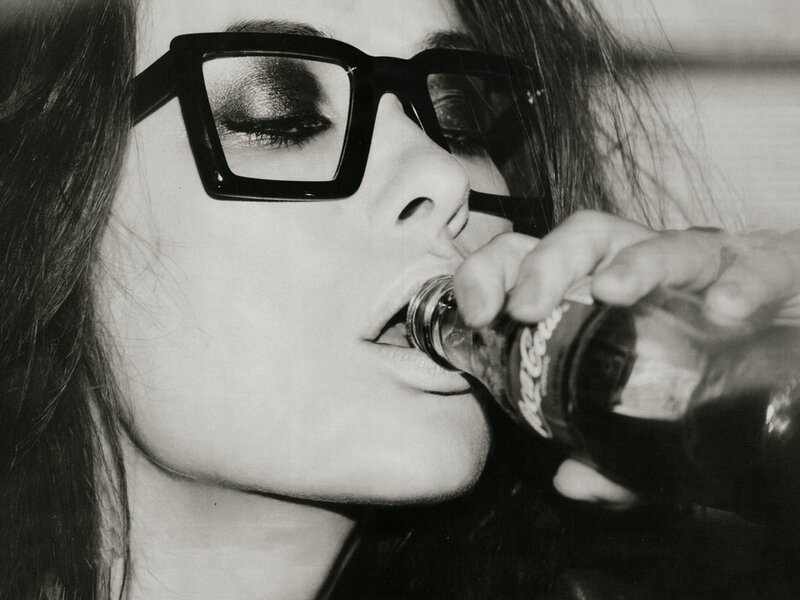 Woman Drinking Soda — Black, Dramatic, Photograph, Sunglasses, Bottle, Hair