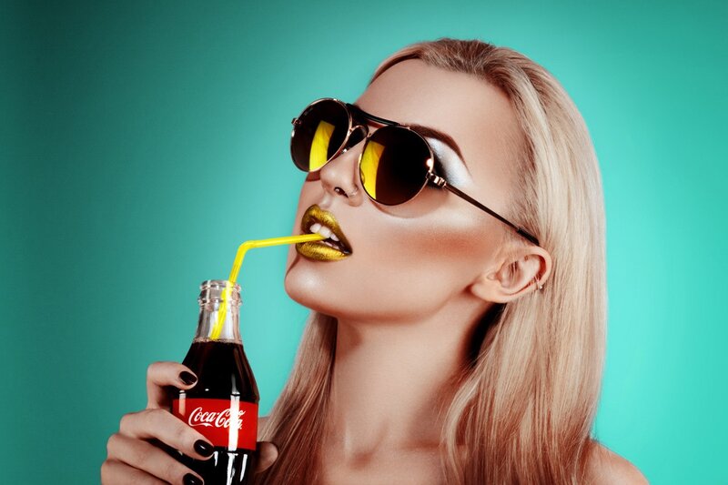 Woman Drinking Soda — Teal, Dramatic