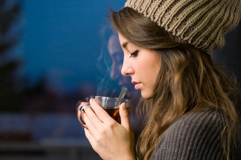 Woman Drinking Tea — Brown, Calm, Night