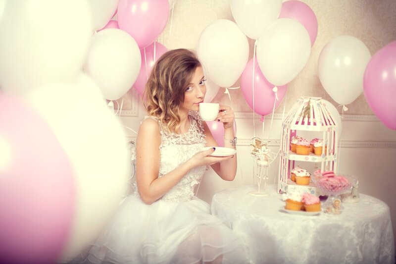 Woman Drinking Tea — Pink, Festive