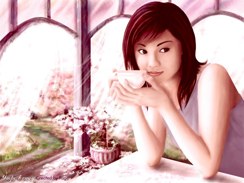 Woman Drinking Tea — Pink, Serene