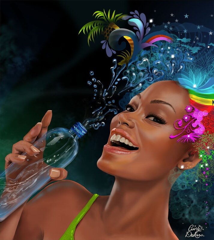woman drinking water with vibrant art