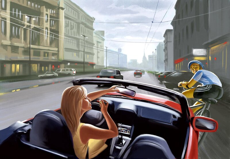 Woman driving convertible in city