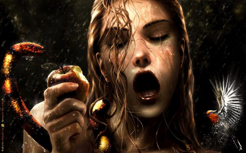 Woman Eating Apple — Black, Dramatic, Digital Art