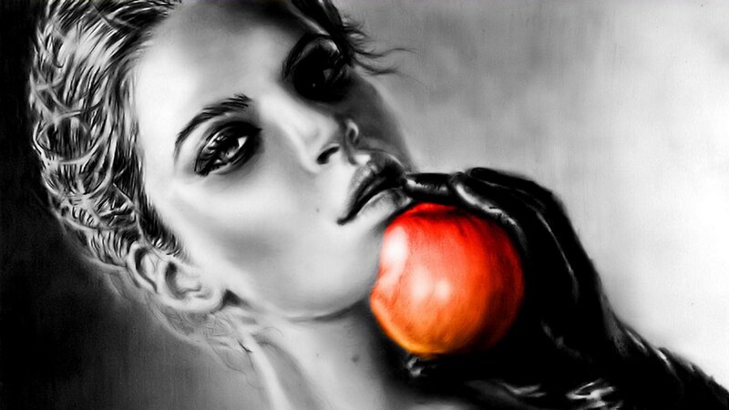 Woman Eating Apple — Black, Dramatic