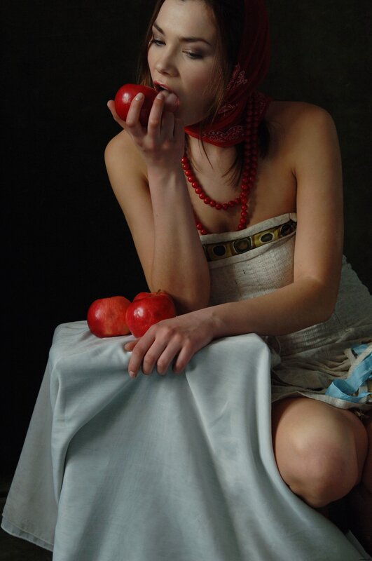 Woman Eating Apple — Red, Dramatic, Photograph, Red Scarf