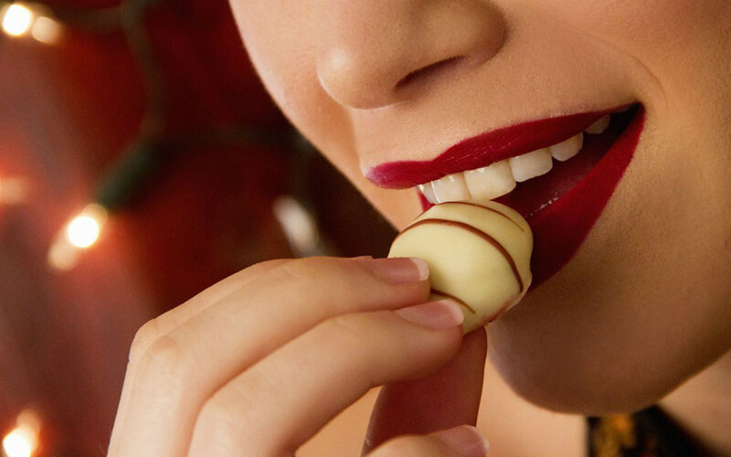 Woman Eating Chocolate — Red, Intimate