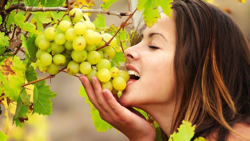 woman eating grapes from vine